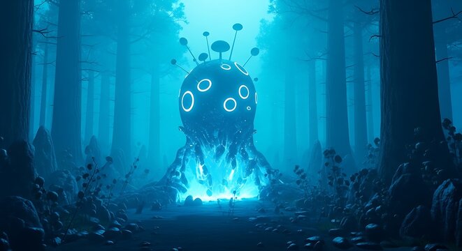 A mystical, glowing entity with a spherical body and tentacles shines brightly in a dark, misty forest