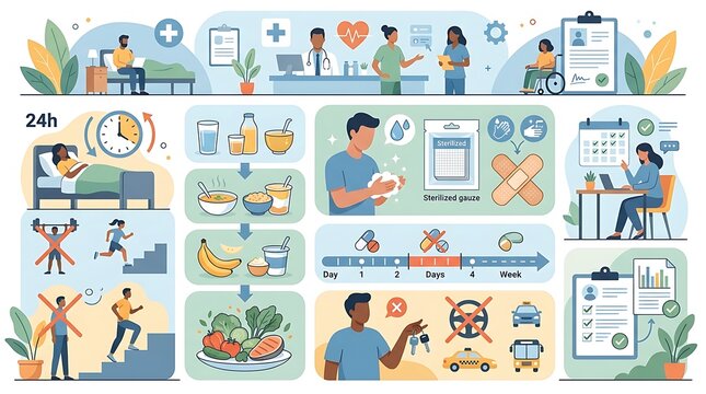 Healthcare guidelines and patient recovery instructions infographic