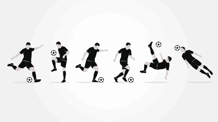 Obraz premium Monochrome silhouettes of soccer players performing dynamic ball actions.
