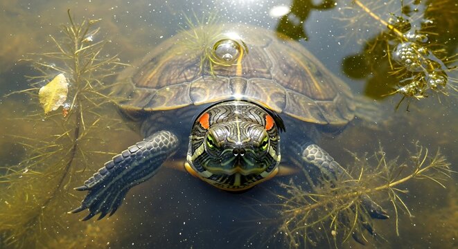 A turtle swims in murky water with aquatic plants around it