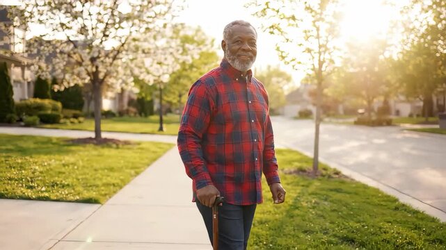 Elderly man walking with a cane on a suburban sidewalk. Senior African American man pausing to smile during a neighborhood stroll at golden hour. Active retirement and mobility concept
