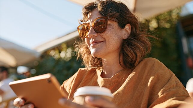 Woman in sunglasses enjoying a sunny day outdoors, holding a tablet with her left hand while sitting and drinking from a cup.