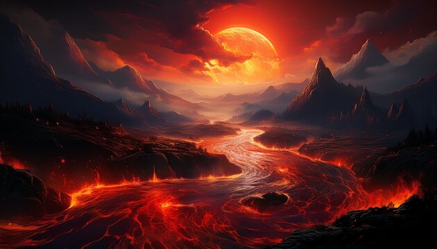 fiery hellscape landscape features flowing lava rivers glowing mountains under large burning red sun dark ominous clouds fill sky creating dramatic scene powerful depiction of extreme heat