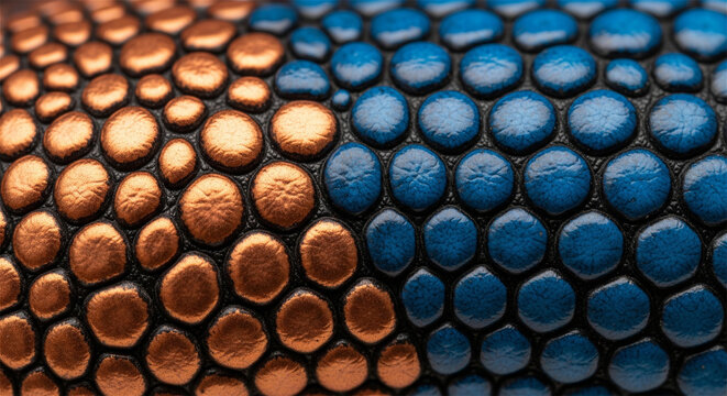 Metallic reptile skin texture, bronze and blue dragon scales pattern, macro shot of synthetic faux leather material