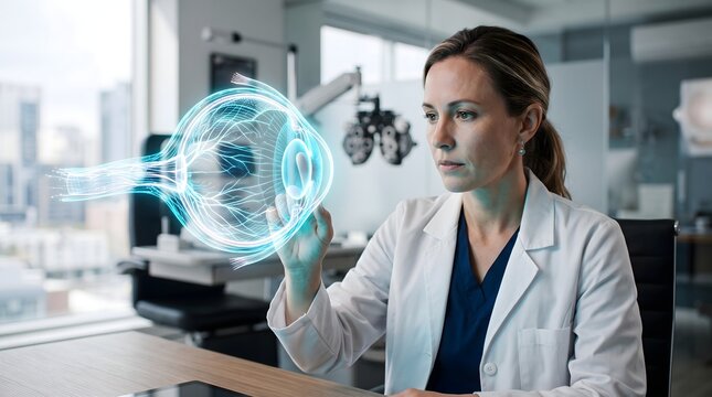 Professional female doctor analyzes a detailed glowing blue digital eye hologram, showcasing advanced medical diagnostic research in a bright clinic setting.