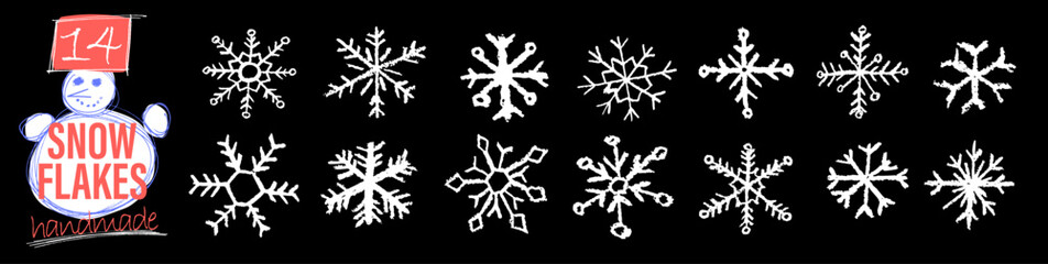 Fototapeta premium Christmas snowflake set with wax, white crayon or charcoal texture. Quirky chalkboard style for kindergarten Xmas crafts, New year cards and holiday designs. Vector drawn as if by a child.