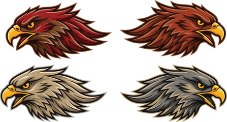 Fototapeta premium Fierce eagle head mascot vector illustrations in four color variations for sports logos and gaming emblems
