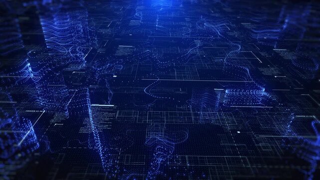 Digital technology 3D landscape topographic map exploration with layered of HUD data connection 4K motion