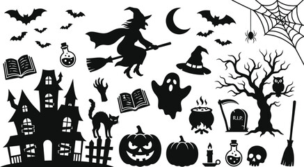 Fototapeta premium Spooky halloween day silhouettes witch ghost pumpkin more for festive decorations