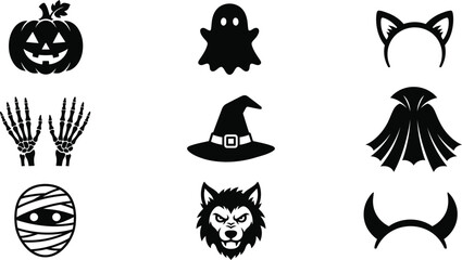 Fototapeta premium Spooky halloween day icons jack o' lantern ghost witch hat more for festive designs