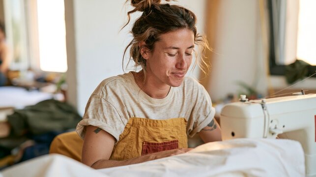 Creative Woman Sewing in Bedroom