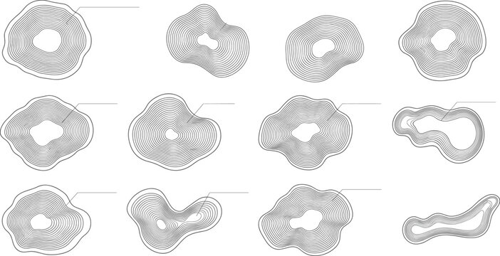 Set of abstract topographic contour line shapes and wireframe cross sections for infographic data visualization