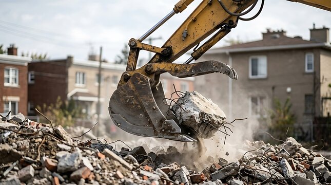 Excavator bucket lifting a large chunk of concrete debris at a demolition site with residential houses visible in the blurred background