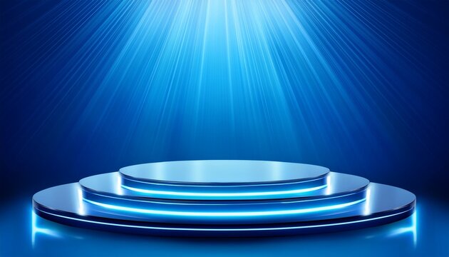 podium with led lights on the edges on a blue background