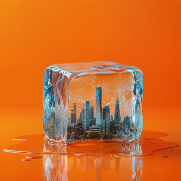 Ville miniature enferm&eacute;e dans un gla&ccedil;on en fusion
