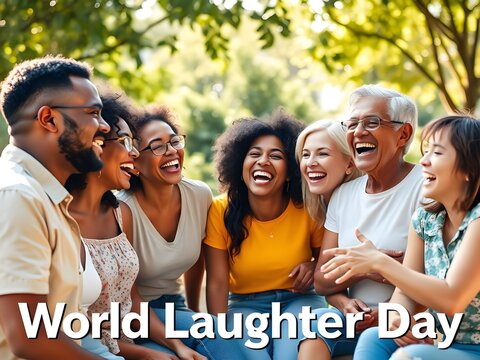 Diverse Friends Laughing Together Outdoors for World Laughter Day Happiness Concept