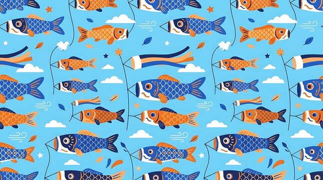 Colorful koinobori carp windsocks seamless pattern on blue sky