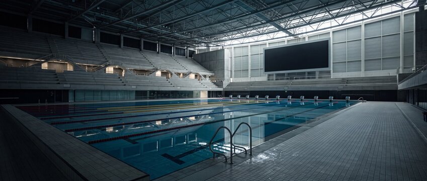 Modern indoor olympic swimming pool facility with empty concrete grandstands and professional lane markers in a spacious aquatic center for competitive sports training