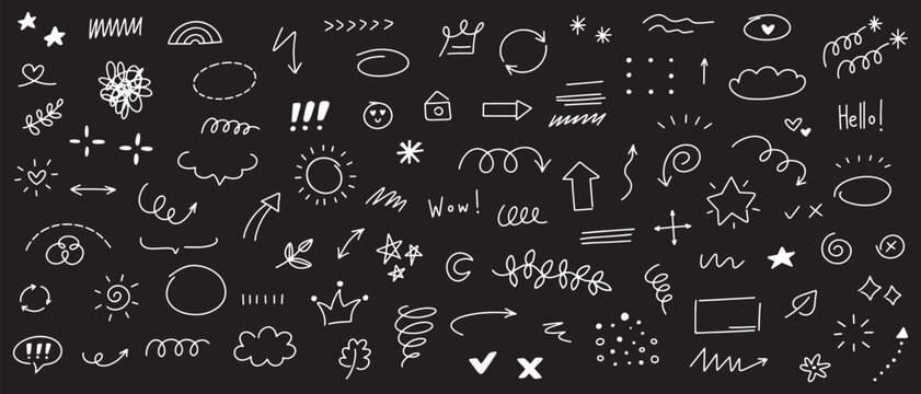 Hand drawn doodle elements collection. Sketch arrows, stars, hearts, highlights and decorative scribble lines set. For notes, planners, presentations and creative design projects.