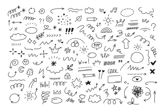 ElemHand drawn doodle elements collection. Sketch arrows, stars, hearts, highlights and decorative scribble lines set. For notes, planners, presentations and creative design projects.
