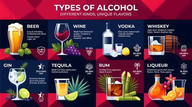 Types Of Alcohol Infographic Vector Illustration Featuring Beer Wine Vodka Whiskey Gin Tequila Rum And Liqueur With Icons And Descriptions Flat Design Educational Chart For Bar Menu Or Beverage Guide