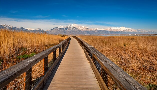 Boardwalk Along The Farmington Bay Nature Trail With The Wasatch Mountain Range In The Background