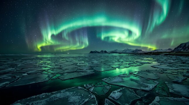Vibrant northern lights over frozen arctic landscape with mountain silhouette
