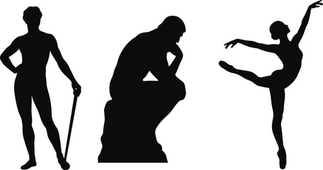 Set of three black silhouettes featuring a classical statue, a thinking man, and a graceful ballerina © Tanzila