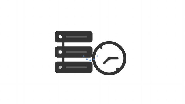 Modern flat vector icon displaying database server storage with a clock for real-time monitoring and backup schedules
