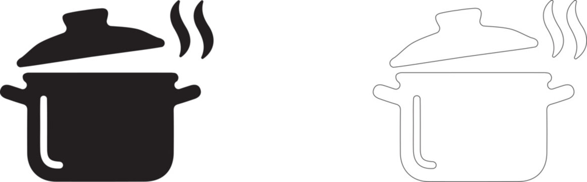 Hot cooking pot with steam vector icon filled and outline, food preparation and boiling dinner symbol.