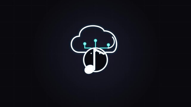 Digital music cloud storage concept, illustrating audio streaming and data management technology with a stylized musical note connected to a modern, networked cloud icon