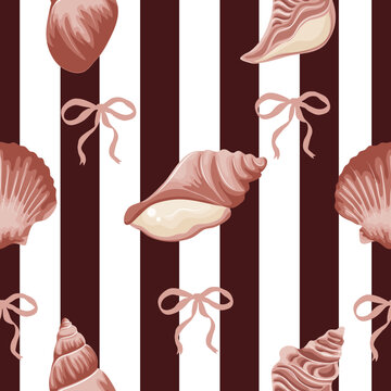cartoon-style pink striped pattern featuring pink seashells of various shapes, suitable for festive printed materials, textiles, backgrounds, or social media