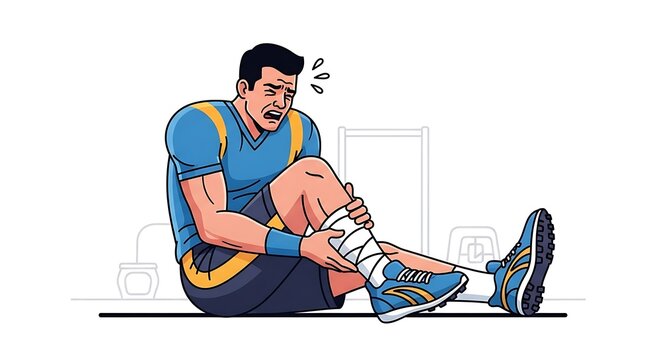 A male athlete in a blue and yellow uniform sits on the ground clutching his injured leg