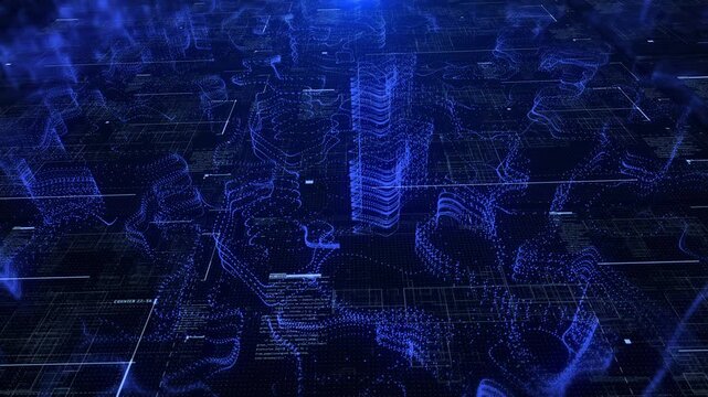 Technology futuristic geology flight digital data with telemetry terrain 3D wireframe. Depth of field blur topographic map exploration 4K video