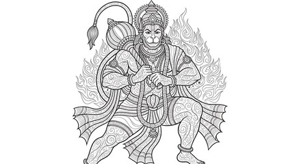 Obraz premium A mythical figure with a monkey face, adorned in traditional attire, holding an object