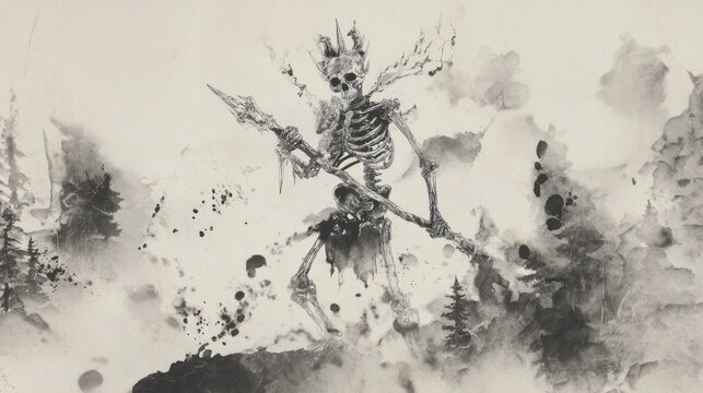 Skeleton warrior illustration in ink wash style with dynamic composition