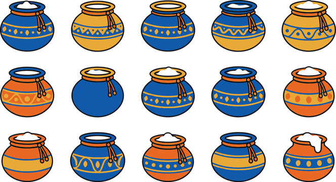 Set of indian pots with butter, traditional clay pottery from india culture in cartoon style.