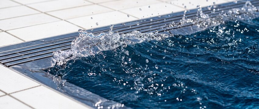 Dynamic water splash over swimming pool gutter edge in bright sunlight creating refreshing ripples and clear liquid motion in a modern tiled outdoor recreational area