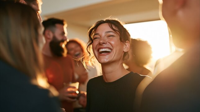 Jovial Woman Smiling at a Social Gathering, Sunset in the Background