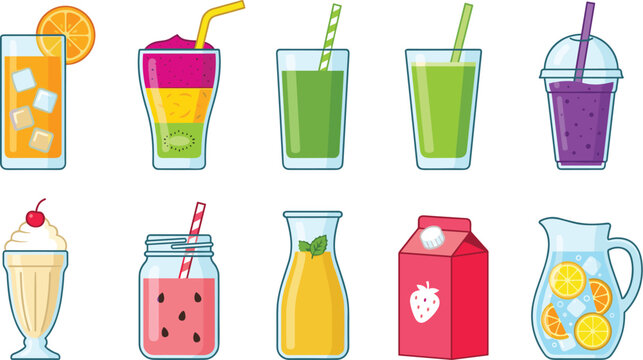 Colorful Summer Drink Collection Vector Set with Smoothies, Juice Cups, Milkshakes and Refreshing Beverage Illustrations