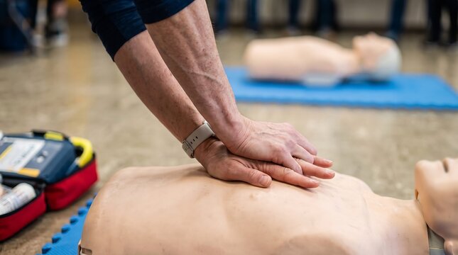 Person performing cardiopulmonary resuscitation on a medical training mannequin during an intensive emergency first aid course