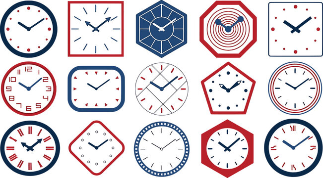 Set of diverse wall clock designs with different faces and shapes in minimalist flat style.