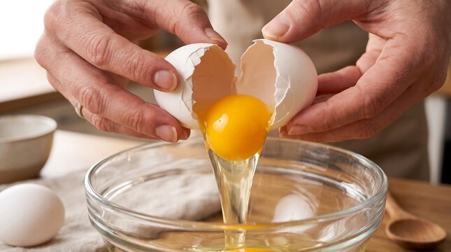 Human hands carefully cracking a fresh white chicken egg into a clear glass mixing bowl
