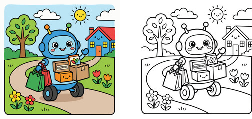 Fototapeta premium Cute delivery robot carrying groceries and packages, with colored version and black and white coloring page for kids activity, vector illustration.