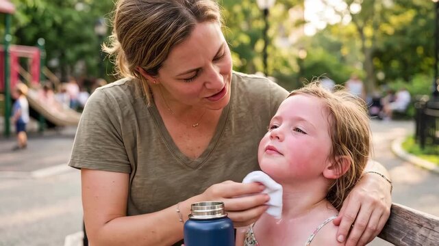 Young mother gently wipes her daughter's forehead with a cloth in a sunny park. Child holding a water bottle while resting on a bench near a playground. Family care and hydration concept