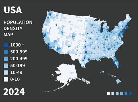 The heat map of the US counties level division isolated on dark background. It presents a population density in 2024. Vector illustration