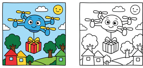 Naklejka premium Children coloring book page with a cute cartoon drone delivering a gift box over a village landscape, colored example and black and white outline vector template for kids activity.