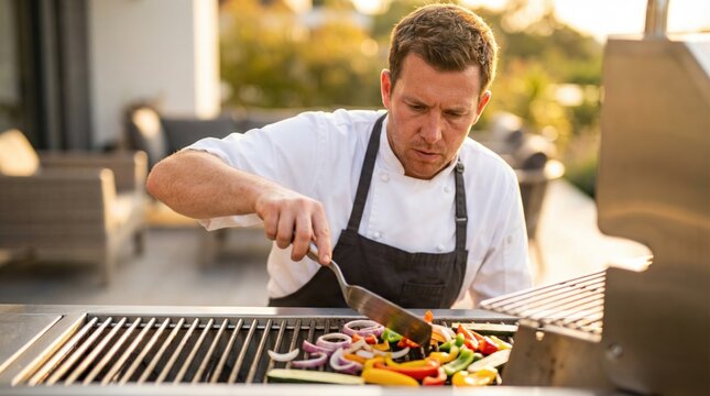 A chef prepares fresh vegetables on a grill at a gathering outside in the evening light