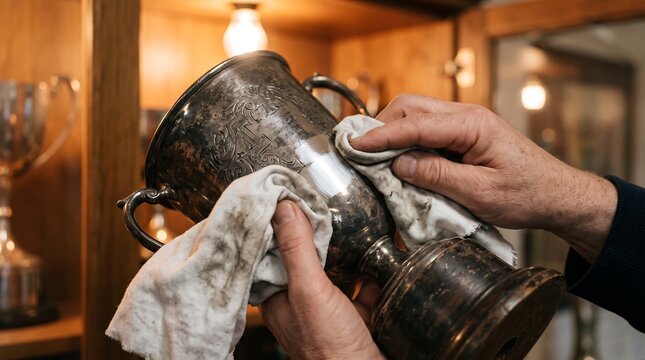 Elderly man hands carefully polishing an ornate vintage silver trophy cup with a soft white cloth