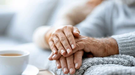 Close up of a woman gently holding the wrinkled hand of an elderly person to show support, care, and love. © GrayFrog